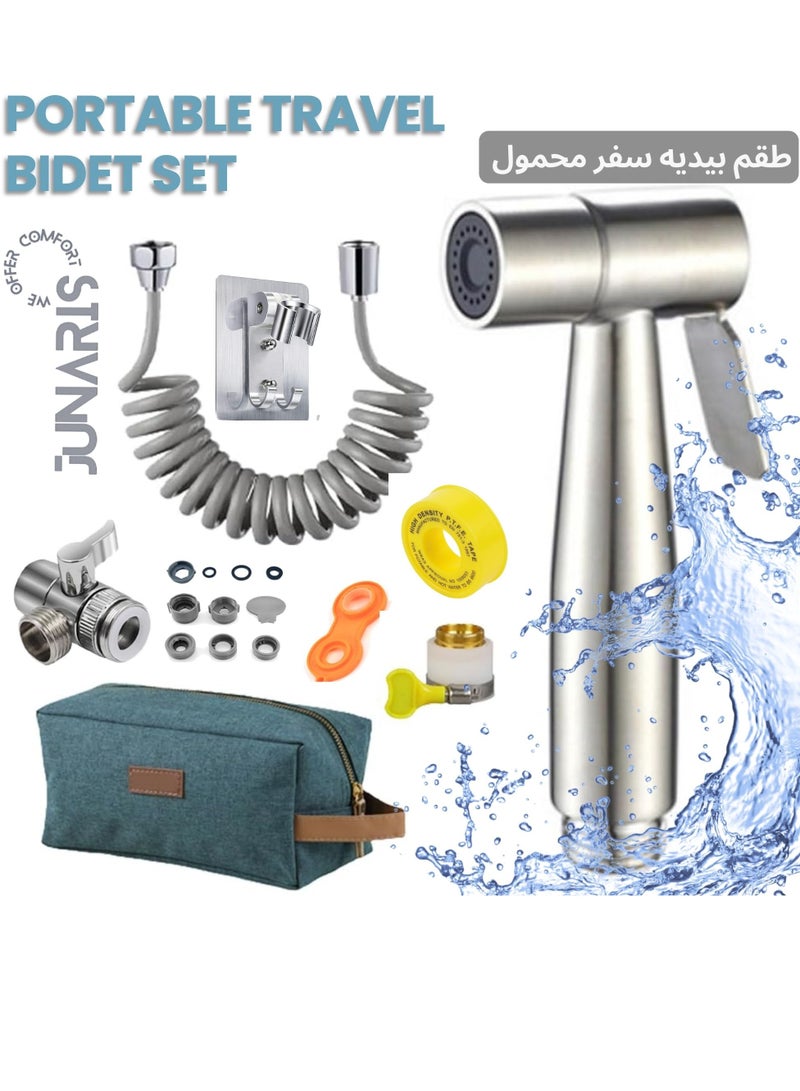 JUNARIS Portable Travel Bidet Set | Travel Shattaf Set Stainless Steel Travel Bidet Sprayer for Personal Hygiene, Cloth Diapering, and Toilet Use with Travel Bag shattaf almusafer - Image 1
